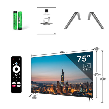 TEEVIEW TV75QQG-EU 75" Google Smart QLED 4K UHD TV, Wi-Fi, Bluetooth, 3x HDMI, Triple Tuner, Voice Control, Integrated Streaming Apps