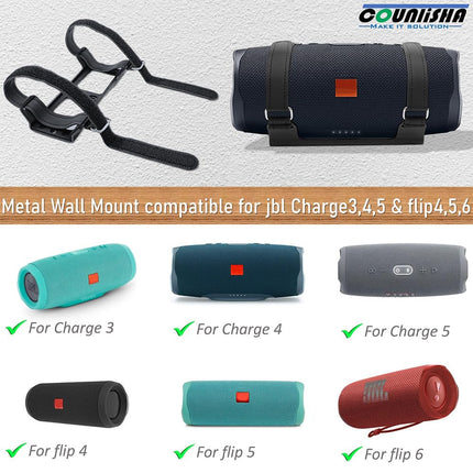 Counlisha metallist seinakinnitus, mis ühildub JBL Charge 6/Charge 5, 4, 3/Flip 7/Flip 6, 5, 4-ga, turvaline riiulikinnitus reguleeritavate nahkrihmadega, kõlari seinakinnitus lakke (must)