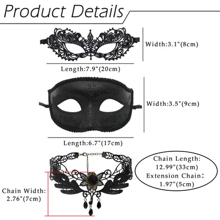 JewelryWe Ehted 3 tk maskikaelakee komplekt must seksikas paar Veneetsia pitsist silmamask gooti kaelakee kaelarihmaga naiste maskeraadi kostüüm Halloweeni karnevalipeoks Cosplay