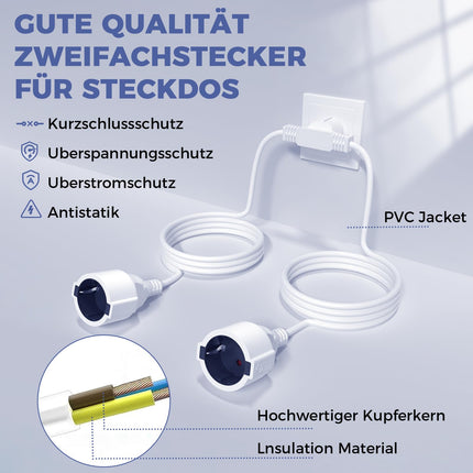 BrightArk pikenduskaabel topeltpistik 2M+2M, topeltpistik pistikupesale 2-in-1, topeltpistik pistikupesale IP20, 250V, 16A, 4000W kaitsekontaktiga pikenduskaabel kodukontorisse ja kööki