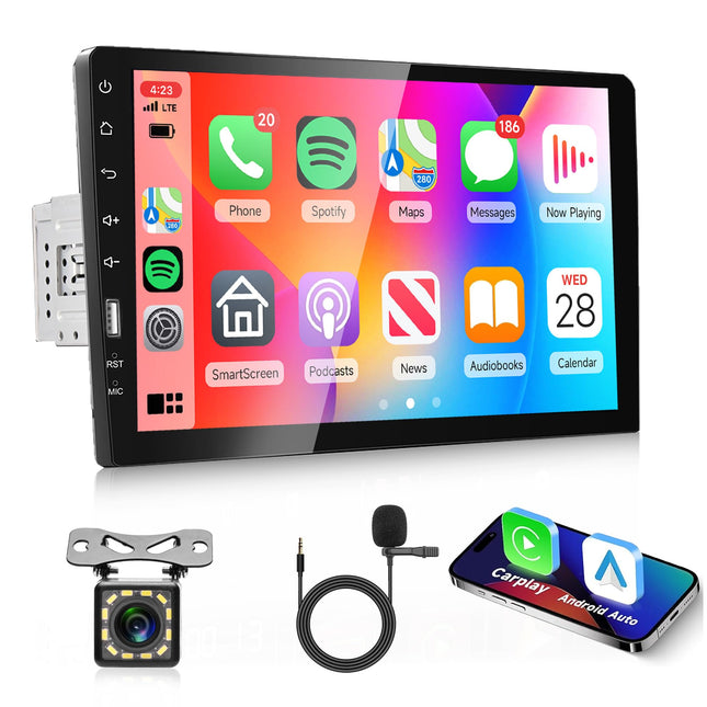 Rimoody Carplay Car Radio 1 Din with Android Auto Bluetooth FM 9 Inch Touchscreen Car Radio with IOS/Android Mirror Link USB/AUX/TF/EQ Steering Wheel Control Digital Media Receiver with Rear View Camera Microphone