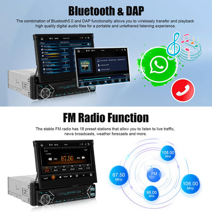 Juhtmevaba CAMECHO 1 DIN Carplay Android Auto, 7-tollise automaatse ekraaniga autoraadio Bluetoothi ​​ja vabakäesüsteemiga, kiirlaadimisega, peegliühendusega, FM Type-c/SD/AUX-sisendiga