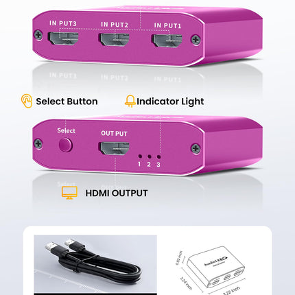avedio lingid HDMI-lüliti koos 3,9 jala pikkuse HDMI-kaabliga, 4K@60Hz alumiiniumist HDMI-lüliti 3 sisse- ja 1 väljundiga, HDMI-jaotur 3 sisse- ja 1 väljundiga, toetab 3D-d, HDCP2.2, HDR10, 18 Gbit/s Fire Sticki, PS5, Xboxi, DVD ja Blu-Ray jaoks, roosa