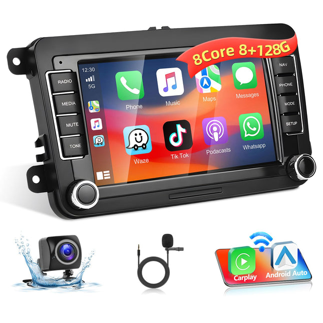 Podofo 8+128G autoraadio VW Golf 5 6 Polo istmele Skodale koos juhtmevaba Carplayga Android Auto, 7-tolline Android 13 autoraadio ekraani, Bluetoothi, WiFi, GPS-i, RDS-i + tahavaatekaamera ja mikrofoniga