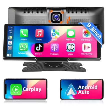 Podofo juhtmevaba Apple Carplay Android Auto kaasaskantav autoraadio 9,3-tollise ekraaniga stereo juhtmevaba Carplay, Bluetoothi, FM-ülekande, 2 jaotusfunktsiooniga, sõidumeerik 7V-32V