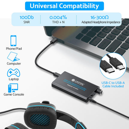 eSynic kõrvaklapivõimendi kaasaskantav HiFi võimendi heli laetav kõrvaklapivõimendi 1m C-tüüpi kaabli ja liitiumakuga MP3 mobiiltelefoni ja sülearvuti jaoks