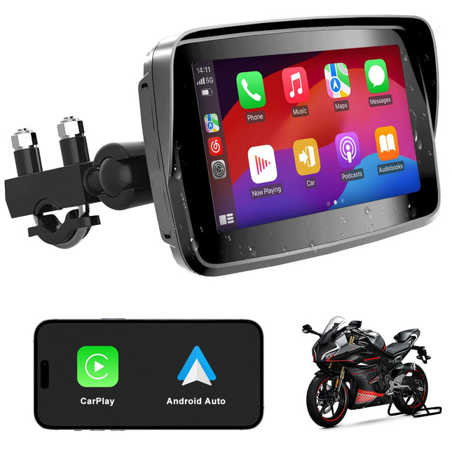 ANKEWAY CarPlay Screen for Motorcycles, Portable CarPlay &amp; Android Auto for Motorcycles, 5-inch Touchscreen GPS Navigation, Dual Bluetooth, IP67 Waterproof Motorcycle Stereo System