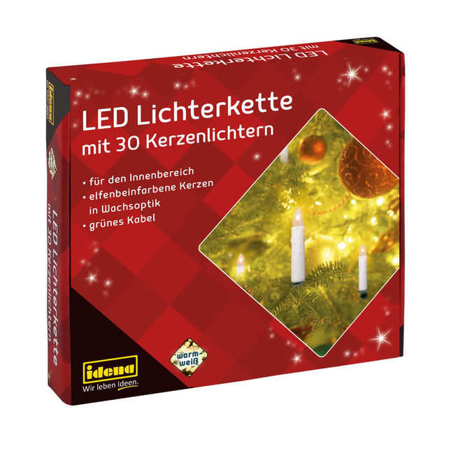 Idena 38192 - LED-küünlakett 30 sooja valge LED-iga, 30 küünalt klambritega, toitepistikuga, umbes 16 m pikk, siseruumides kasutamiseks, jõulupuu ja jõulukimbu kaunistuseks