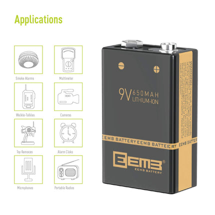 EEMB Rechargeable 9V Block Batteries 650mAh with USB Charging Cable 4-Pack Lithium Li-Polymer Smoke Detector Battery for Keyboard Microphone Smoke Alarm/Detector Guitar Cameras Toys (4)