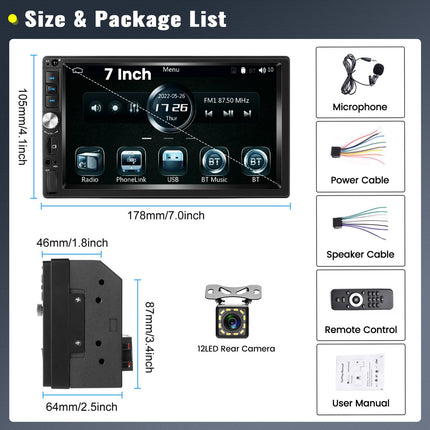 7 inch LCD touchscreen 2 DIN car radio with Android Auto Carplay wired, car radio 2 DIN with Bluetooth FM car audio support Mirror-Link SWC settings backlight colorful rear view camera