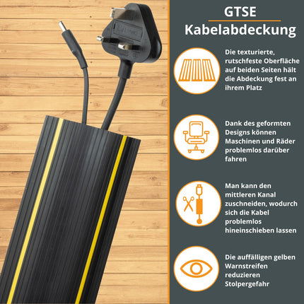 GTSE - Floor Cable Cover - Heavy Duty - Protects Cables &amp; Reduces Trip Hazards - Non-Slip Base - Black &amp; Yellow - 2 m Length - for Offices/Schools/Factories/Events