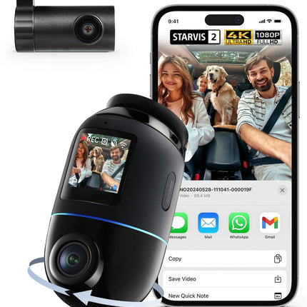 70mai autoregistraator 4K Omni, 4K+1080P 360-kraadine esi- ja tagakaamera kahekordse STARVIS 2 HDR-iga, 4G LTE, tehisintellektiga liikumistuvastus, öine nägemine, GPS 5GHz WiFi 6, 24H parkimisrežiim, rakenduse juhtimine, 128GB SD-kaart