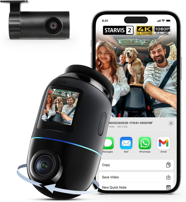 70mai autoregistraator 4K Omni, 4K+1080P 360-kraadine esi- ja tagakaamera kahekordse STARVIS 2 HDR-iga, 4G LTE, tehisintellektiga liikumistuvastus, öine nägemine, GPS 5GHz WiFi 6, 24H parkimisrežiim, rakenduse juhtimine, 128GB SD-kaart