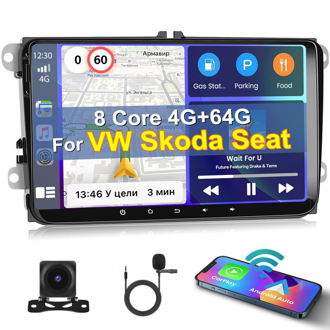 [8-tuumaline 4G+64G] Inefala Android 13 autoraadio 2 DIN VW Golfile, Polo Tiguanile, Caddy Touranile, 9-tolline puuteekraan juhtmevaba Carplay ja Android Auto funktsiooniga, BT GPS WiFi 59UI RDS FM mikrofoniga tahavaatekaamera