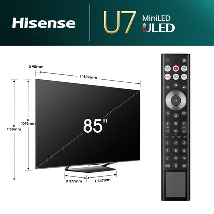 Hisense 85U7NQ 215 cm (85-tolline) televiisor, 4K Mini LED ULED HDR nutiteler, Quantum Dot, 120Hz/144Hz VRR, HDMI 2.1, Game Mode Pro, Dolby Vision IQ ja Atmos, Bluetooth, sisseehitatud Alexa, antratsiithall, [2024]