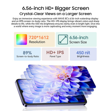 Blackview Wave 8C 4G nutitelefon ilma lepinguta, 6,56'' HD+, kaheksatuumaline 6GB+64GB (2TB väline SD), 13MP+8MP kaamera, 3 kaardipesa, Android 14 kahe SIM-kaardiga mobiiltelefon, Smart-K Box kõlar, GPS, sinine
