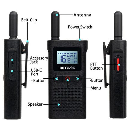 Retevis RB628 kahesuunaline raadiosaatja, PMR446 mini laetav raadiosaatja täiskasvanutele 1500mAh, LCD-ekraan VOX, professionaalsed kahesuunalised raadiosaatjad peakomplektiga hotellidele, koolidele (10 tk, must)