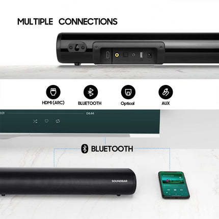 TKMARS Mini Soundbar for TVs with Subwoofer, 10 Meter Wireless Connection Range, 3 Equalizer Modes, Small for Optical/Auxiliary/USB Connection/Bluetooth/Aux/HDIM