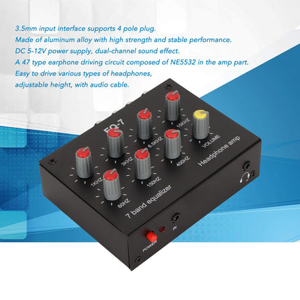 Reguleeritav 7-ribaline ekvalaiser, DC 5-12V 7-ribaline ekvalaiser autovõimendi 3,5 mm liidesega, sagedusvahemikud 60Hz/150Hz/400Hz/1KHz/3KHz/6,5KHz/15KHz (EL-pistik)