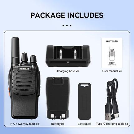 Retevis H777 kahesuunaline raadiosaatja, PMR-raadiosaatja (3 tk) komplekt, litsentsivabad kahesuunalised raadiosaatjad, vastupidav, USB-C ja USB laadimisjaam, LED-tulega pihuraadio ja hädaolukorra hoiatustega perele, telkimiseks (3)
