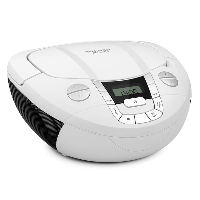TechniSat Viola CD-1 - kaasaskantav stereo CD-mängija, boombox praktilise kandekäepidemega (lasteraadio, FM-raadio tuuner, Bluetooth-vastuvõtt, 2 x 1 W RMS-võimsus, vooluvõrgust ja akudest töötav) valge