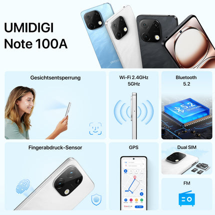 UMIDIGI mobiiltelefon Android 14, 8(4+4)+256GB/1TB TF nutitelefon ilma lepinguta, 120Hz 6.8-tolline HD+ nutitelefon, Bluetooth 5.2, 5000mAh, Octa Core, 4G kahe SIM-kaardiga/Face ID/Sõrmejäljelugeja/13MP/GPS/OTG-Note 100A valge