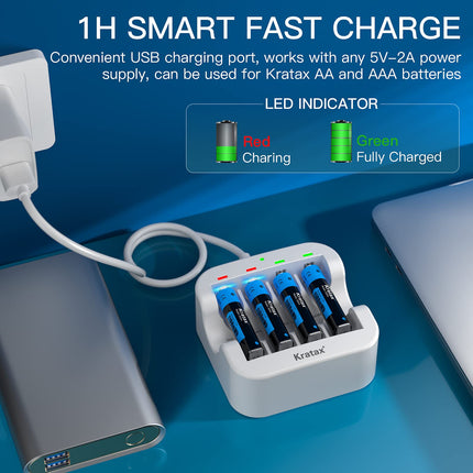 Kratax Rechargeable Lithium AAA Batteries 1100 mWh, 1.5 V AAA Battery [4 Batteries and 1 Charger], Fast Charging 1200 Charge and Discharge Cycles