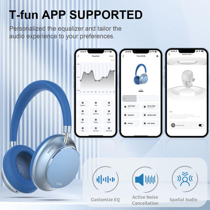 T-fun NC35 hübriidkõrvaklapid aktiivse mürasummutusega, juhtmevabad ruumilise heliga kõrvaklapid, läbipaistvusrežiim, Bluetooth 5.3, ekvalaiser rakenduse kaudu, 55 tundi mänguaega reisimiseks/tööks