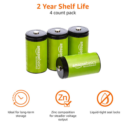 Amazon Basics NiMH Batteries, Type D (Monocell), Rechargeable, 10,000 mAh, Recharges up to 1,000 Times, Pre-Charged, 4 Pack