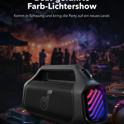 Soundcore Boom 2 Plus Outdoor Speaker, 140W, 2+2 Channel, BassUp 2.0, 20h, Fast Charging, IPX7 Waterproof, RGB Lights, USB-C, Power Bank, BT 5.3, Portable Bluetooth Speaker, Camping