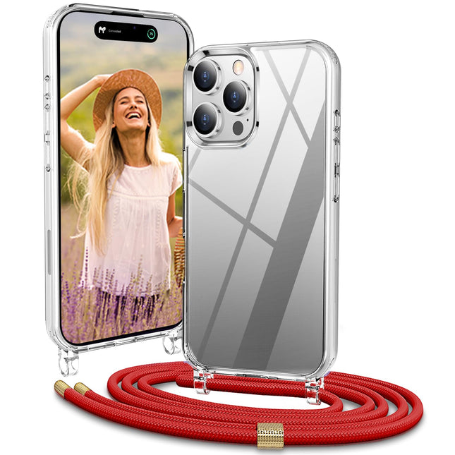 Vaykwo mobiiltelefoni kett rihmaga Apple iPhone 16 Pro ümbrisele - kaelakee mobiiltelefoni ümbris - läbipaistev riputamiseks mõeldud ümbris kaamerakaitse ja ekraanikaitsega - punane