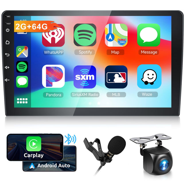 Hodozzy 9 inch 2G+64G Android Car Radio 2 DIN with Wireless Carplay and Android Auto, Bluetooth Double DIN Car Radio with Screen Mirror Link, Rear View Camera, FM/RDS Radio, GPS Navigation, WiFi/BT/USB/SWC