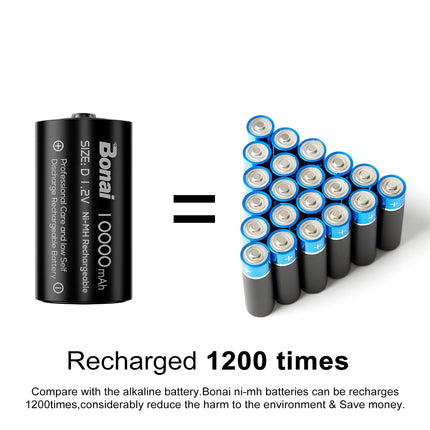 BONAI D aku 10000mAh Mono D laetavad akud, suure mahutavusega D Accu NiMH 1.2V D-elemendid, laetavad D-akud madala isetühjenemise ja pika elueaga (4 tk pakis)