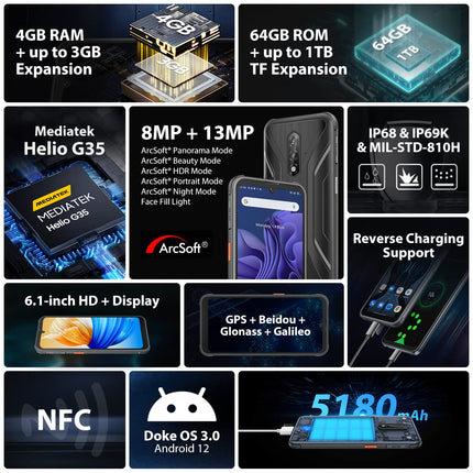 Blackview lepinguta õues kasutatav nutitelefon BV5200 PRO, ArcSoft® 13MP+8MP, 4GB+64GB (1TB laienduskaart), Android 12 DUAL SIM IP68 MIL-STD-810H veekindel nutitelefon, 6.1'' HD+, 5180mAh aku, NFC oranž