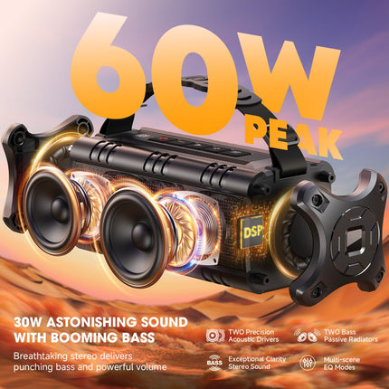 W-KING Bluetooth Speaker, (60W Max) 30W Portable Music Box Bluetooth Outdoor, IPX6 Waterproof Bluetooth Box Wireless Speaker Small with Rich Bass, 24H Playtime, TF Card, USB Stick, AUX