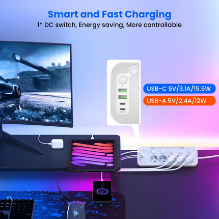 Table socket with USB, 5-way power strip individually switchable, corner socket for kitchen and office, wall-mounted multiple socket with switch, metal power strip surge protection 2M cable, white