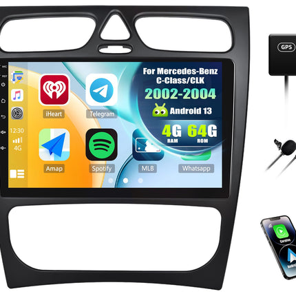 [4+64G] SIXWIN Android 13 autoraadio CarPlay/Android Auto/peegliühendusega Mercedes-Benz C-klassile/CLK-le (2002-2004), 9-tolline HD puuteekraan, WiFi, GPS, Bluetooth 5.0, FM/RDS 32EQ tugi