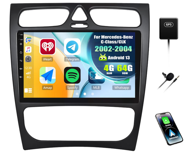 [4+64G] SIXWIN Android 13 autoraadio CarPlay/Android Auto/peegliühendusega Mercedes-Benz C-klassile/CLK-le (2002-2004), 9-tolline HD puuteekraan, WiFi, GPS, Bluetooth 5.0, FM/RDS 32EQ tugi