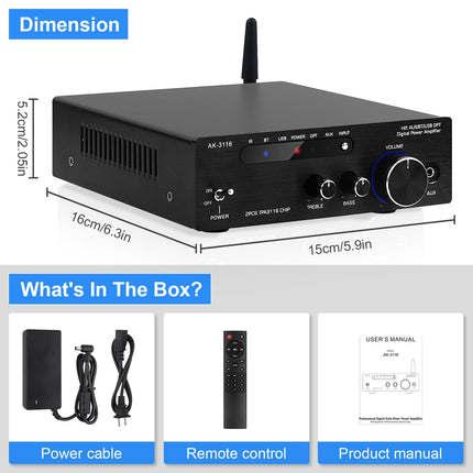 HiFi võimendi Bluetooth 5.0-ga, AK-3116 mini stereohelivõimendi 2.0 kanaliga 100W x 2 vastuvõtjat D-klassi digitaalne võimsusvõimendi TPA3116 kiibiga, USB, AUX, BT sisendiga