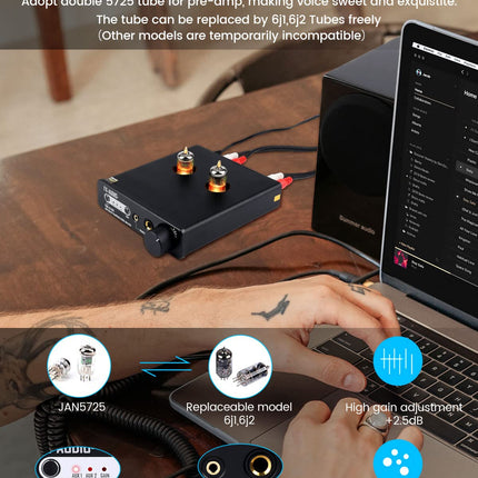 FX-Audio Tube-02 Pro Tube Headphone Amplifier, Vacuum 5725 Tube Preamplifier, Mini Hi-Fi Integrated Stereo Class A Amplifier Supports 32-600 Ohm Headphones, for