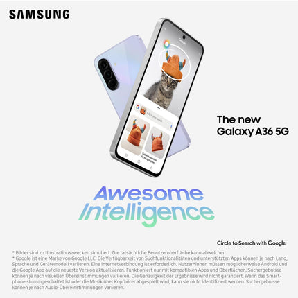 Samsung Galaxy A36 5G tehisintellektiga nutitelefon ilma lepinguta, lukustamata tehisintellektiga telefon Androidiga, 6 GB muutmälu, 128 GB salvestusruumi, 50 MP kaamera, Awesome Lavender, 2,5-aastane tootjagarantii [Ainult Amazonis]