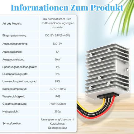 1 tk DC 8V-40V kuni 12V 5A 60W pingemuundur, automaatne üles-alla pinge regulaator, veekindel DC-DC 12V pinge stabilisaator, pinge piiraja ventilaatori mootorile