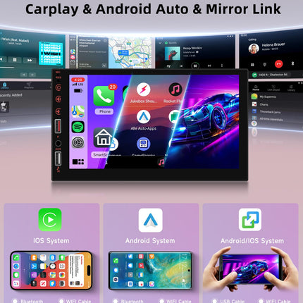 Rimoody Wireless Carplay Car Radio 2 Din with Wireless Android Auto You-Tube Bluetooth Mirror Link 7 Inch Touchscreen Car Radio with Bluetooth FM Radio USB/TF/AUX/MIC Steering Wheel Control + Rear View Camera