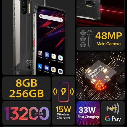 Ulefone Power Armor 13 Outdoor Mobile Phone without Contract, 13200mAh Battery, Infrared Distance Measurement, 6.81'' 48MP Camera, IP68 Waterproof Android 11 Smartphone, Helio G95 8GB 256GB, NFC Wireless Charging