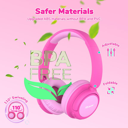 iClever Bluetooth headphones for kids, 60-hour battery life, 74/85 dBA volume limit, stereo sound, Type-C, Bluetooth 5.4, wireless over-ear children's headphones with microphone for tablet/travel