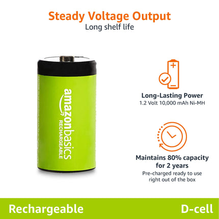 Amazon Basics NiMH Batteries, Type D (Monocell), Rechargeable, 10,000 mAh, Recharges up to 1,000 Times, Pre-Charged, 4 Pack