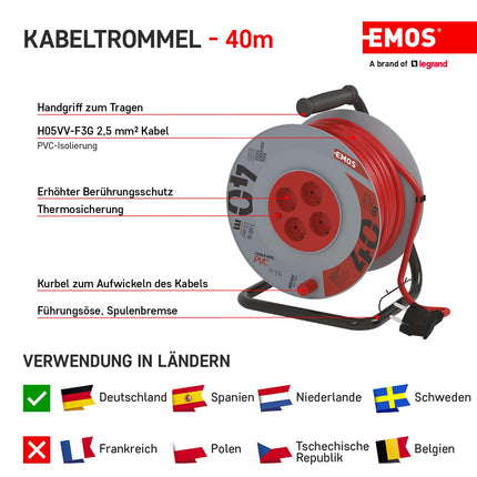 EMOS - 40m kaablirull tugevdatud pikenduskaabliga - 4 Schuko pistikupesa - 230 V, 16 A, 3680 W - PVC isolatsioon - H05VV-F3G 2,5 mm² - ülekuumenemiskaitse - IP20 sisekasutuseks, hall-punane