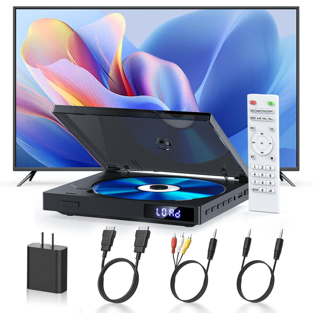 Õhuke DVD-mängija, kompaktne DVD-mängija telerile, 1080P HDMI DVD-mängija kõikidele piirkondadele tasuta, taasesitusmälu, HDMI/AV-väljund, USB 2.0, toetab PAL/NTSC-d