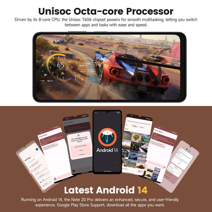 Ulefone Note 20 Pro mobiiltelefon Android 14 256GB + 8GB / 1TB SD 50MP + 8MP kaamera Octa Core 6000mAh 18W 6.75" HD+ 90Hz 4G kahe SIM-kaardiga nutitelefon lukustamata sõrmejäljelugeja näotuvastus GPS OTG 2-aastane garantii - must