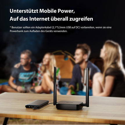 Tenda 4G03 Pro 4G LTE ruuter, WiFi ruuter Nano-SIM kaartidele (N300 CAT4, 150 Mbps allalaadimine, 300 Mbps 2.4GHz), 2*4dBi antenni, Plug &amp; Play, kiire Etherneti port, rakendus, ruuterirežiim, LED, must